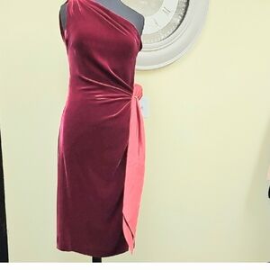 Halston Red Asymmetrical Ruched Cocktail Dress Size 10